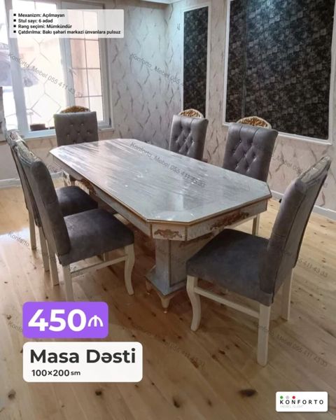 Məhsul: Masa Dəsti Ölçü: 100×200 sm Qiymət: 450₼ Tərkib: - 1 ədəd — Bakı
