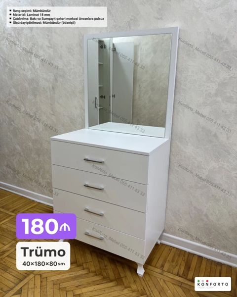 Trümo – 40×180×80 sm Ağ rəngdə, müasir dizaynlı trümo: - Geniş güzgü — Bakı