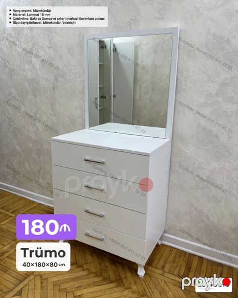 Trümo – 40×180×80 sm Ağ rəngdə, müasir dizaynlı trümo: - Geniş güzgü — Bakı