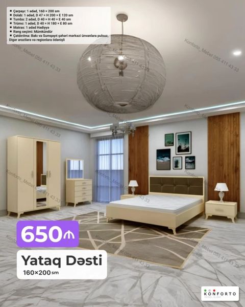 Yataq Dəsti – 160×200 sm Komplektə daxildir: - Çarpayı: 1 ədəd — Bakı