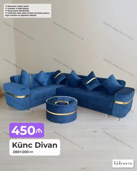 Künc divan – 280×200 sm - Mexanizm: açılan, bazalı - Komplekt: 6 ədəd — Bakı