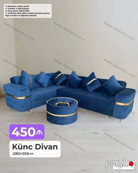 Künc divan – 280×200 sm - Mexanizm: açılan, bazalı - Komplekt: 6 ədəd — Bakı