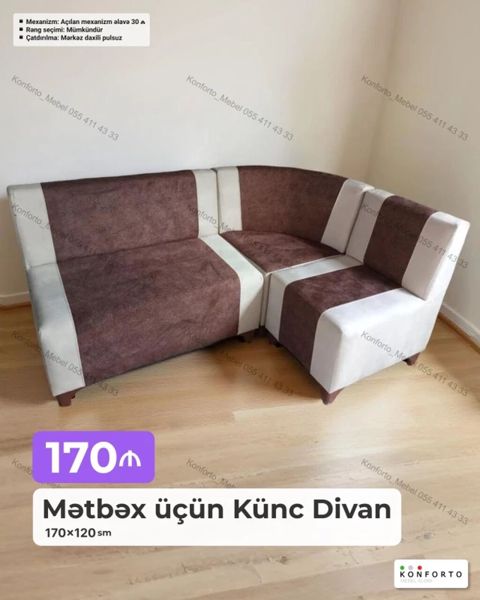 Mətbəx üçün künc divan Ölçü: 170×120 sm Dizayn: iki rəngli — Bakı