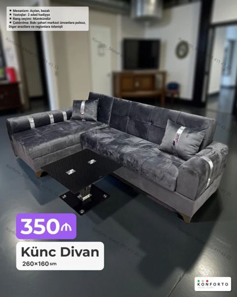 Künc divan – 260×160 sm Xüsusiyyətlər: - Mexanizm: açılan, bazalı — Bakı