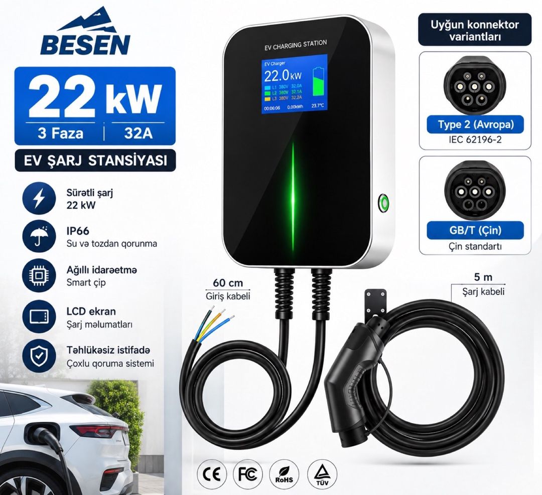 Besen 22 kW Elektrikli Avtomobil Şarj Stansiyası — Ehtiyat hissələri və aksesuarlar, Bakı (3)