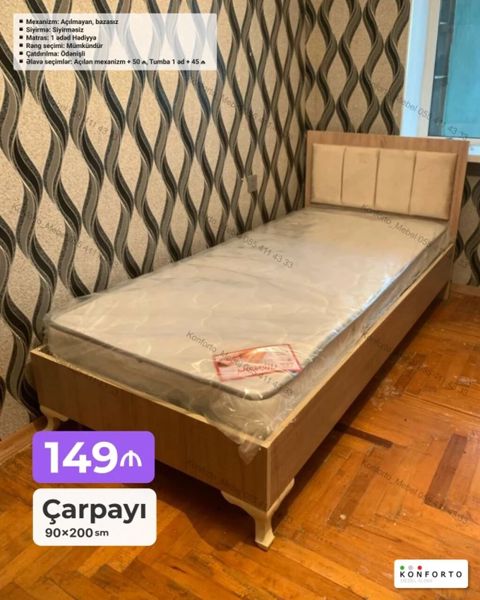 Tək nəfərlik çarpayı – 90x200 sm Sadə və funksional dizayna malik tək — Bakı