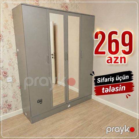 Güzgülü 4 qapılı paltar şkafı - Rəng: boz, modern dizayn - Ön hissədə