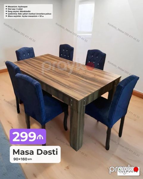 Masa Dəsti – 90×160 sm - Masa mexanizmi: Açılmayan - Stul sayı: 6 — Bakı