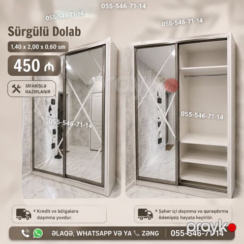 Düz dolab, Yataq otağı üçün, Qarderob, Kupe, Korpuslu, 2 qapılı — Bakı