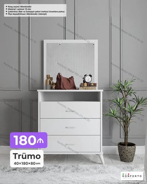 Trümo – 40×180×80 sm - Minimalist dizaynlı ağ trümo: üstündə geniş — Bakı