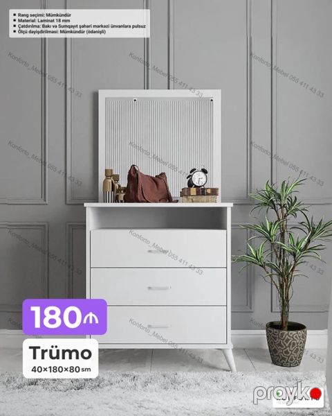 Trümo – 40×180×80 sm - Minimalist dizaynlı ağ trümo: üstündə geniş — Bakı