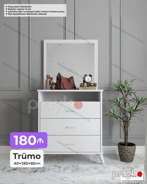 Trümo – 40×180×80 sm - Minimalist dizaynlı ağ trümo: üstündə geniş — Bakı