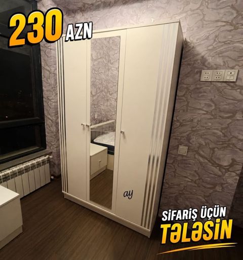 Ağ rəngdə 3 qapılı paltar şkafu - Qiymət: 230 AZN (şəkildə göstərilib) — Bakı