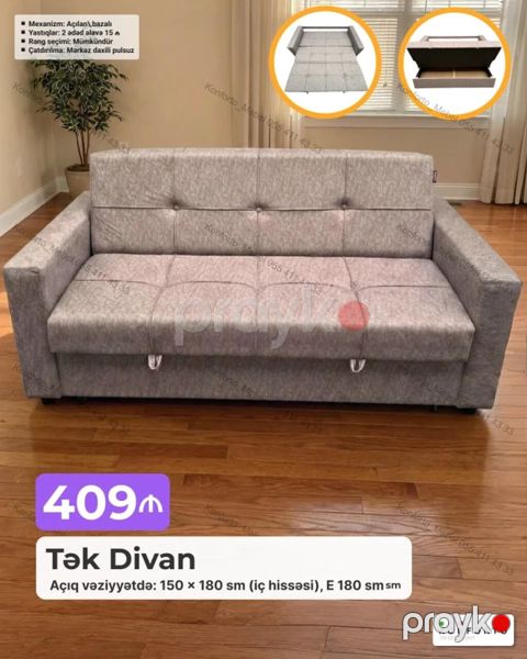 Tək Divan – açılan və bazalı model. - Mexanizm: Açılan, çarpayıya — Bakı