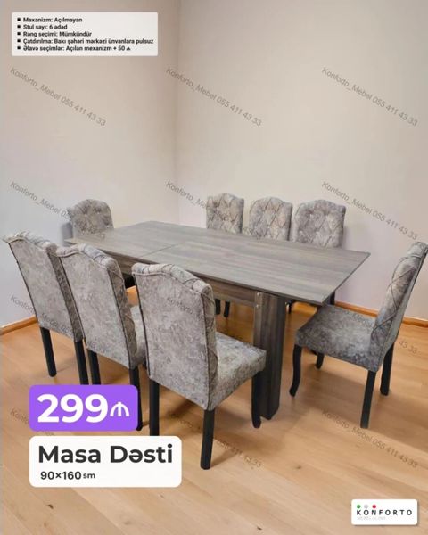 Məhsul: Masa Dəsti Ölçü: 90×160 sm Tərkib: 1 ədəd masa + 6 ədəd — Bakı
