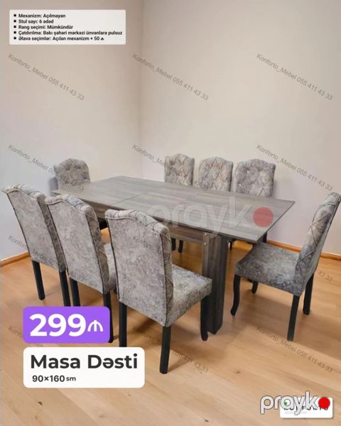 Məhsul: Masa Dəsti Ölçü: 90×160 sm Tərkib: 1 ədəd masa + 6 ədəd — Bakı