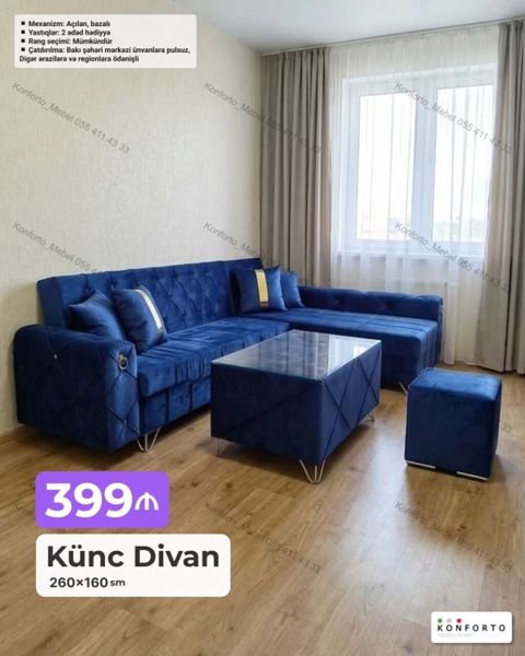 Künc divan dəsti – 260×160 sm - Mexanizm: açılan, bazalı (yataq — Bakı
