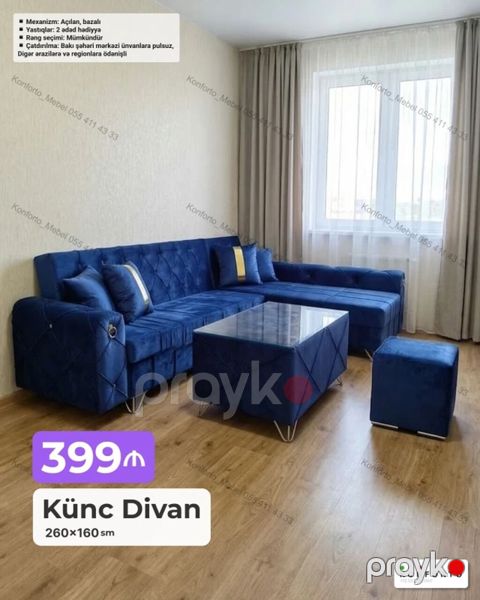 Künc divan dəsti – 260×160 sm - Mexanizm: açılan, bazalı (yataq — Bakı