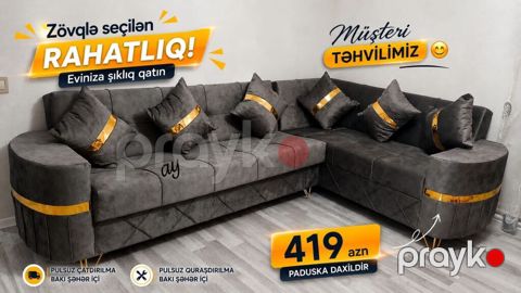 Künc divan dəsti, müasir dizayn: tünd boz məxməri parça, dekorativ — Bakı