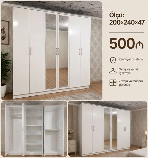 Ağ rəngli 6 qapılı paltar dolabı - Ölçü: 200 240 47 sm - Qiymət — Bakı