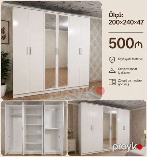 Ağ rəngli 6 qapılı paltar dolabı - Ölçü: 200 240 47 sm - Qiymət — Bakı