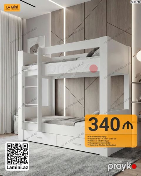 İki mərtəbəli çarpayı – Kod: 6745 - Ölçülər: D 80 H 180 E 180 sm — Bakı