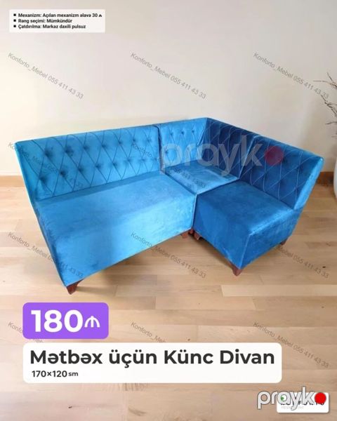 Mətbəx üçün Künc Divan - Ölçü: 170×120 sm - Parlaq mavi rəngli yumşaq