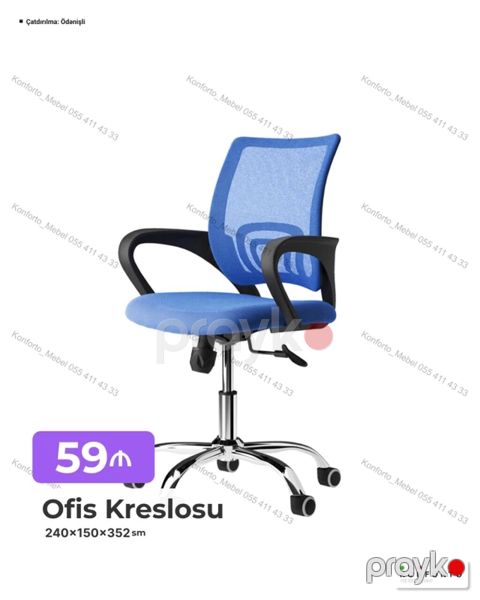 Ofis kreslosu – mavi rəng, mesh bel hissəsi və yumşaq oturacaq — Bakı