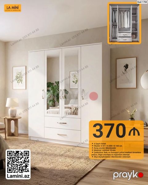 4 qapılı paltar dolabı – minimalist dizayn, ağ rəngdə. İki aynalı ön — Bakı