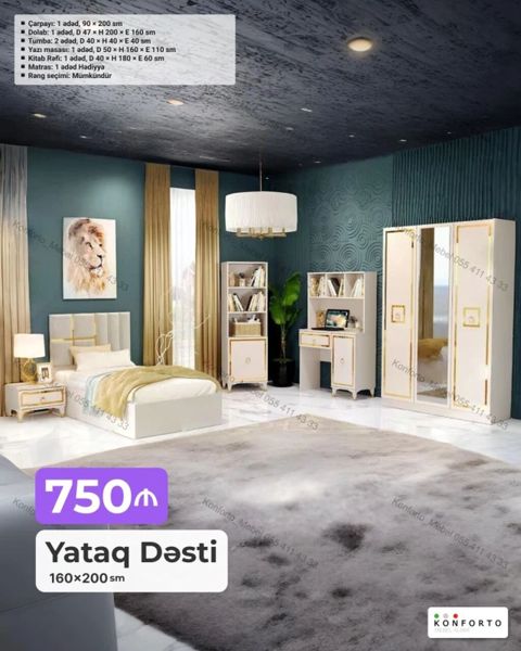Yataq Dəsti – 160×200 sm Komplektin tərkibi və ölçüləri: - Çarpayı: 1 — Bakı