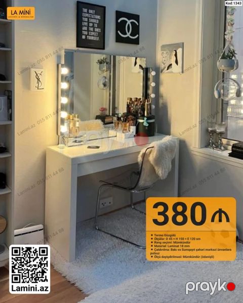 Tərən güzgülü makiyaj masası. Ölçüləri: D 45 x H 150 x E 120 sm — Bakı