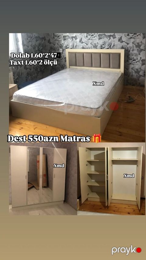 Yataq otağı dəsti Tərkib: - Taxt: 1.60 2.00 m ölçü, yumşaq başlıq