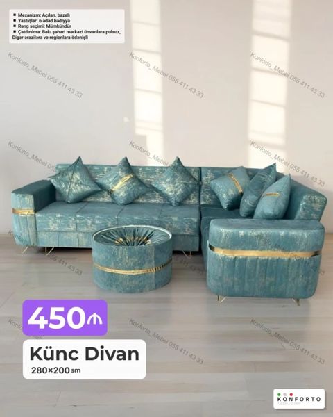 Künc divan dəsti – 280×200 sm – Mexanizm: açılan, bazalı – 6 ədəd — Bakı
