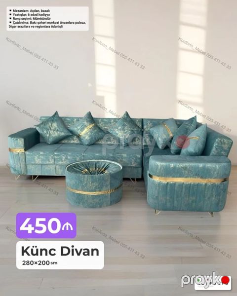 Künc divan dəsti – 280×200 sm – Mexanizm: açılan, bazalı – 6 ədəd — Bakı