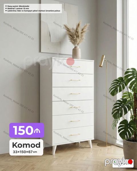 Ağ rəngli 6 çekmecəli komod - Ölçülər: 33 150 67 sm - Material — Bakı