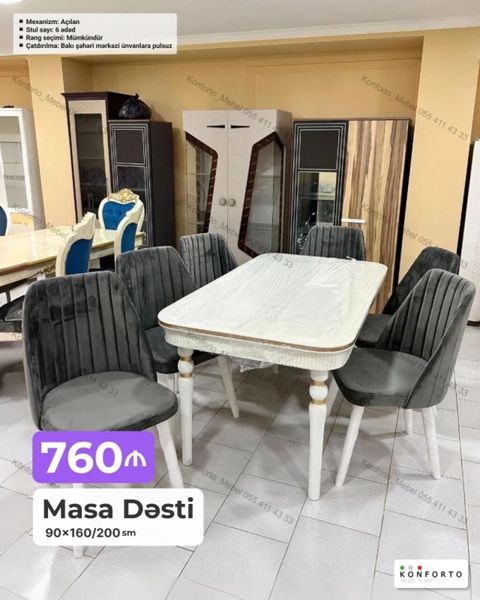 Masa dəsti – 6 stullu - Mexanizm: açılan (uzadıla bilən) - Ölçü — Bakı