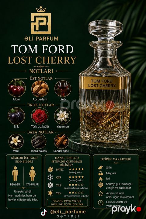 Tom Ford Lost Cherry – uniseks ətir Notlar: - Üst notlar: albalı, acı — Xırdalan