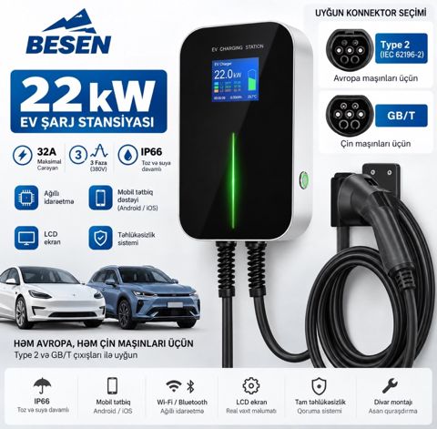 Besen 22 kW Elektrikli Avtomobil Şarj Stansiyası — Bakı