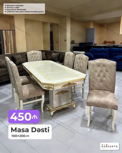 Masa dəsti – 100×200 sm - Model: Klassik üslubda, dekorativ qızılı — Bakı
