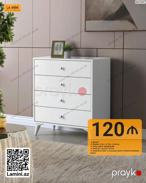 Ağ rəngdə minimalist komod - Kod: 5347 - Ölçülər: D 40 H 100 E 80 — Bakı