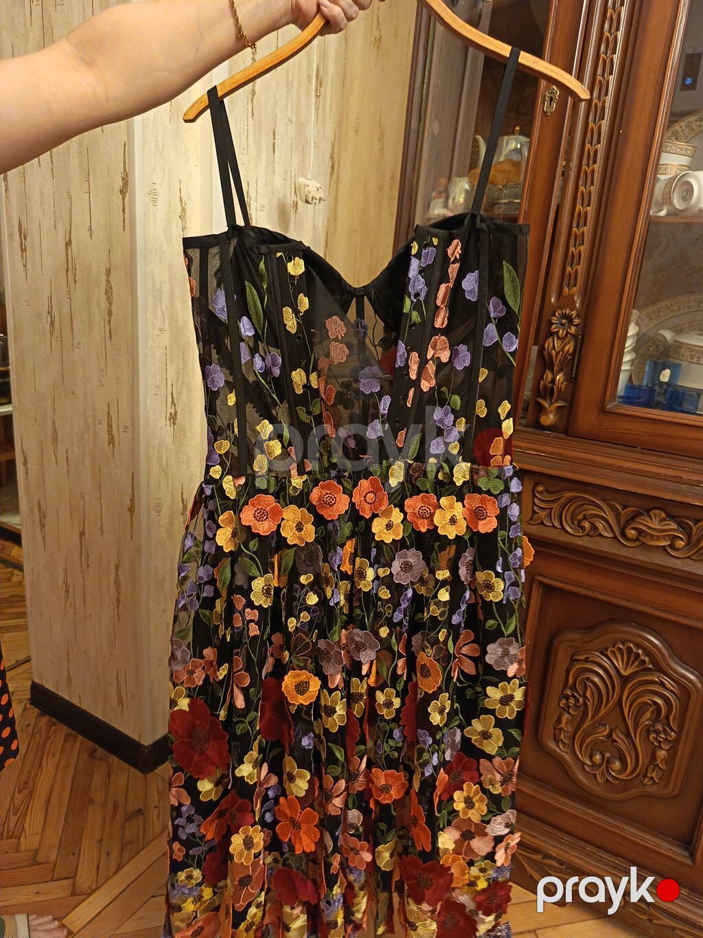 Qara tor əsaslı, çoxrəngli çiçək naxışlı midi don - Model: korsetvari — Axşam paltarları, Bakı (4)