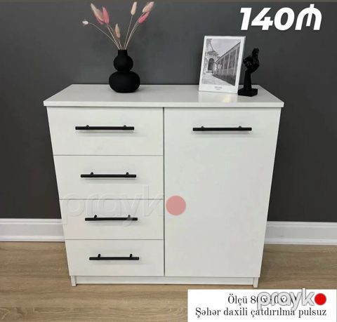 Ağ rəngli komod – minimalist dizayn, mat səth. - 4 ədəd geniş çekmece — Bakı