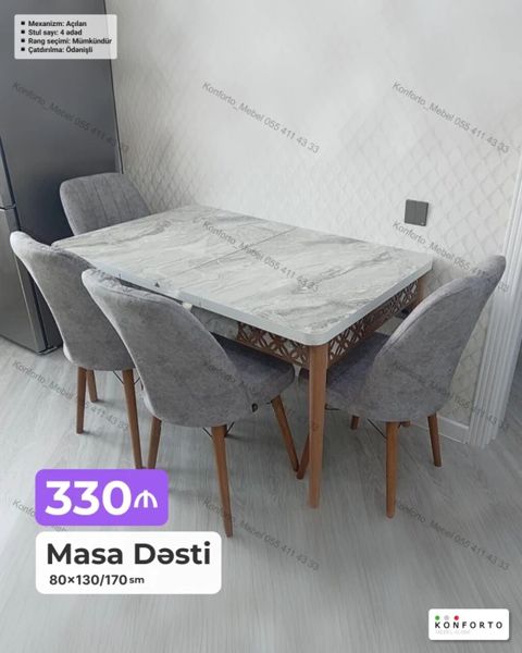 Masa dəsti – 4 stul + açılan masa - Ölçü: 80×130/170 sm (uzadıla — Bakı