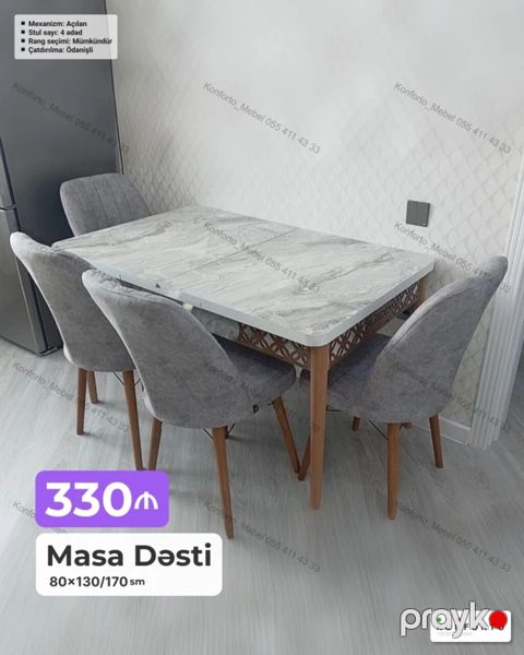 Masa dəsti – 4 stul + açılan masa - Ölçü: 80×130/170 sm (uzadıla — Bakı