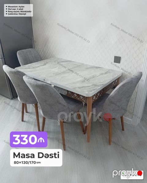Masa dəsti – 4 stul + açılan masa - Ölçü: 80×130/170 sm (uzadıla — Bakı