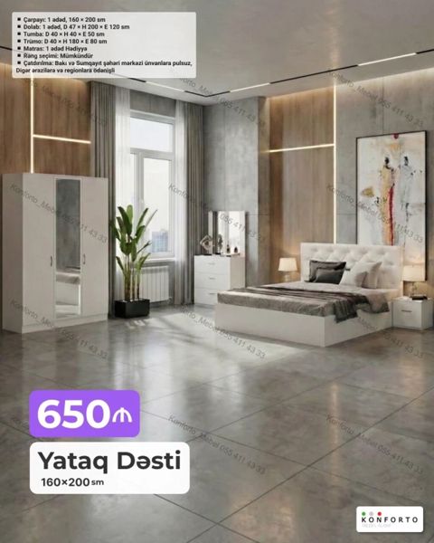 Yataq Dəsti – 160×200 sm Tərkib: - Çarpayı: 1 ədəd, 160×200 sm — Bakı