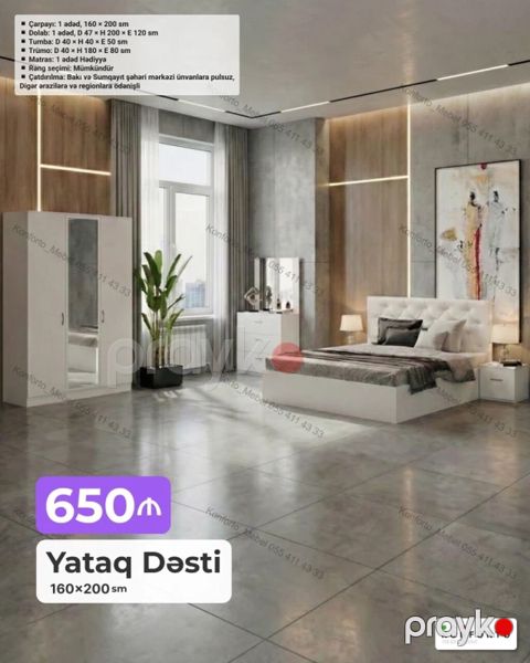 Yataq Dəsti – 160×200 sm Tərkib: - Çarpayı: 1 ədəd, 160×200 sm — Bakı