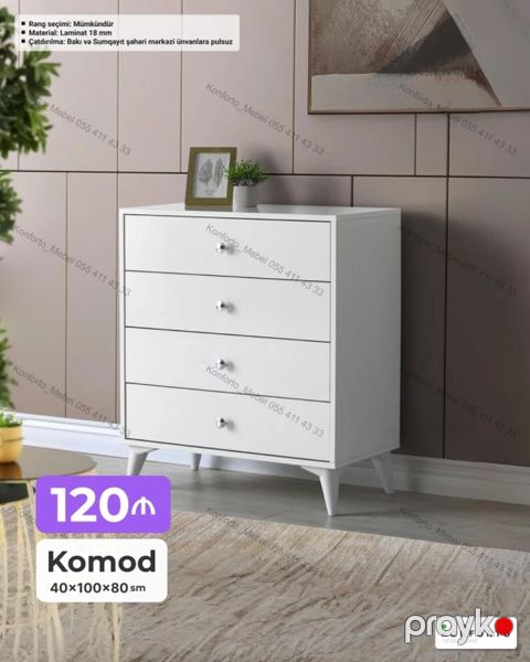 Ağ rəngdə, müasir dizaynlı komod - Ölçülər: 40 100 80 sm — Bakı