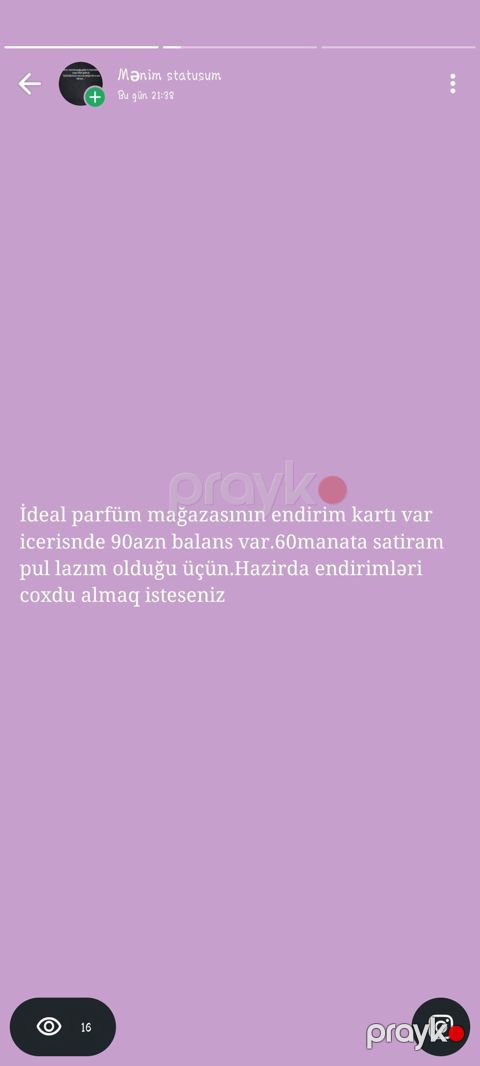Salam hazırda pula ehtiyac olduğu ucun kartı 60azn satiram .Endirim — Bakı