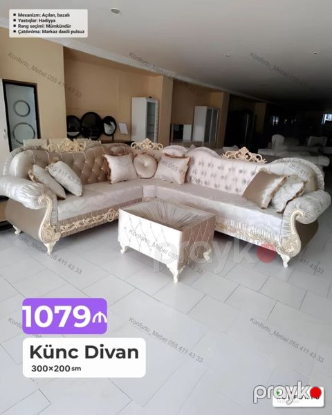 Künc divan – 300×200 sm - Klassik barokko üslubunda dizayn: oyma — Bakı